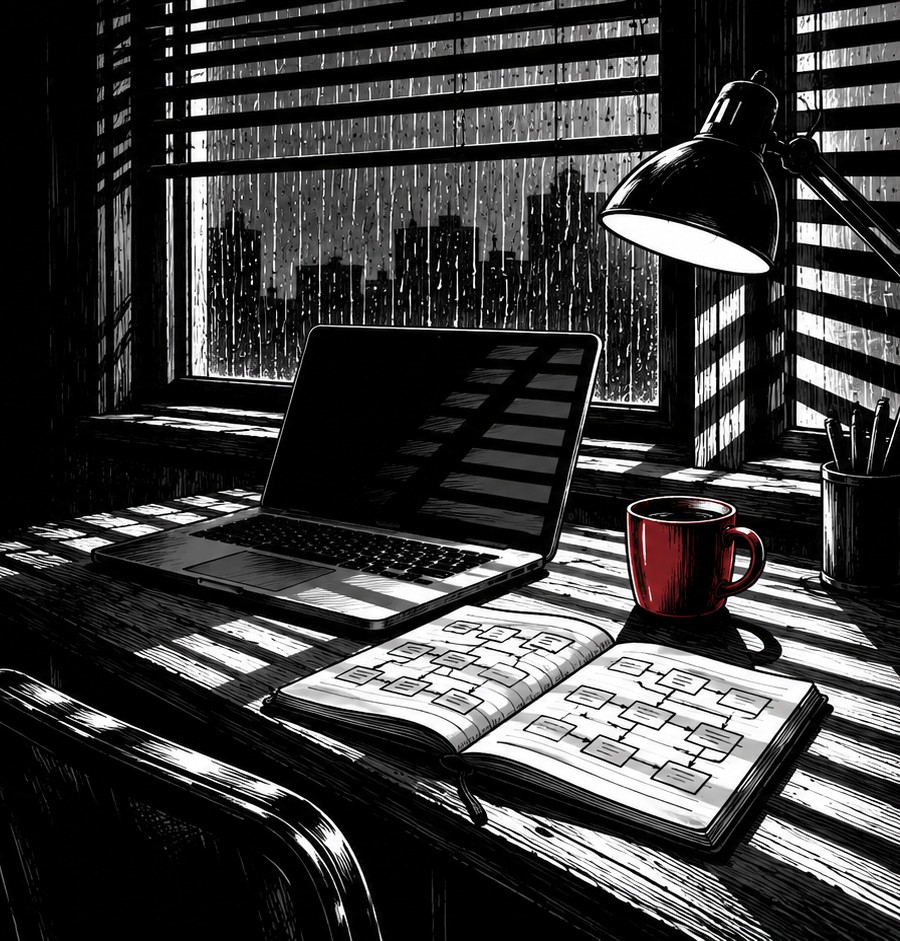 An ink illustration of a desk at night: an open laptop and a notebook of flow charts under a lamp, a cup of coffee, rain on the window and light through the blinds.